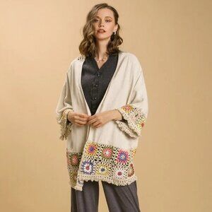 NWT Umgee Crochet Long Sleeve Kimono Cardigan Linen Blend Open Front Tan Size S